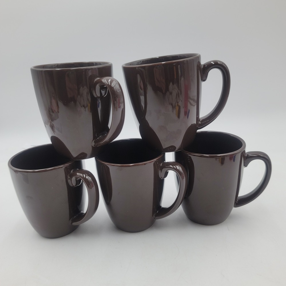 5pc Corelle Coordinates Brown Stoneware Mugs Set Coffee Cups 4 Inch
